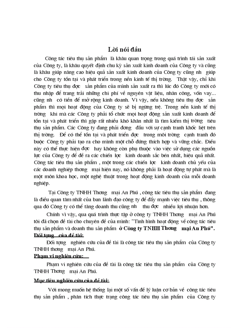 Ình hình hoạt động về công tác tiêu thụ sản phẩm và doanh thu sản phẩm ở Công ty TNHH Thương mại An Phú