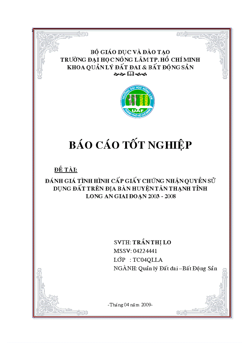 Đánh giá tình hình cấp giấy chứng nhận quyền sử dụng đất trên địa bàn huyện Tân Thạnh tỉnh Long An giai đoạn 2003 2008