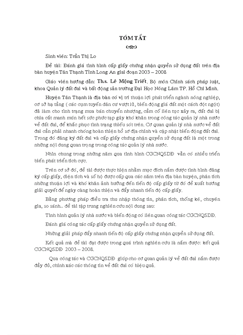 Đánh giá tình hình cấp giấy chứng nhận quyền sử dụng đất trên địa bàn huyện Tân Thạnh tỉnh Long An giai đoạn 2003 2008