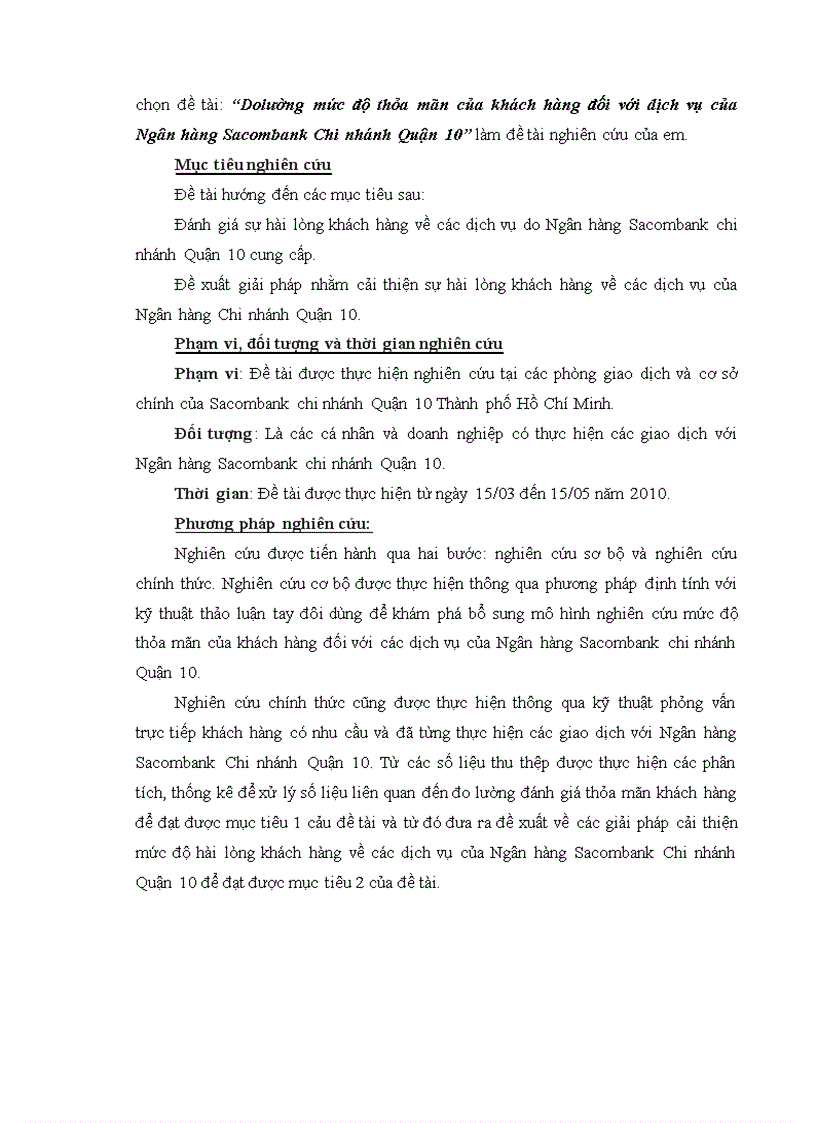 Do lường mức độ thỏa mãn của khách hàng đối với dịch vụ của Ngân hàng Sacombank Chi nhánh Quận 10