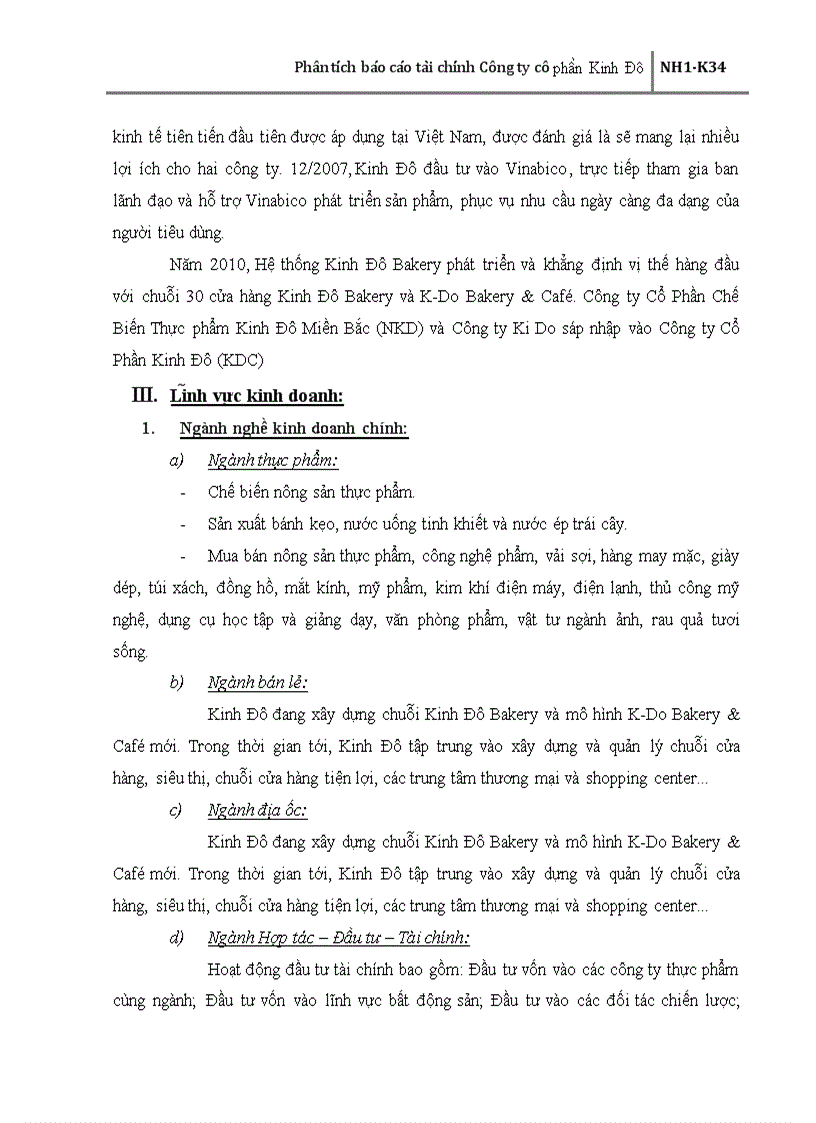 Phân tích báo cáo tài chính Công ty cổ phần Kinh Đô