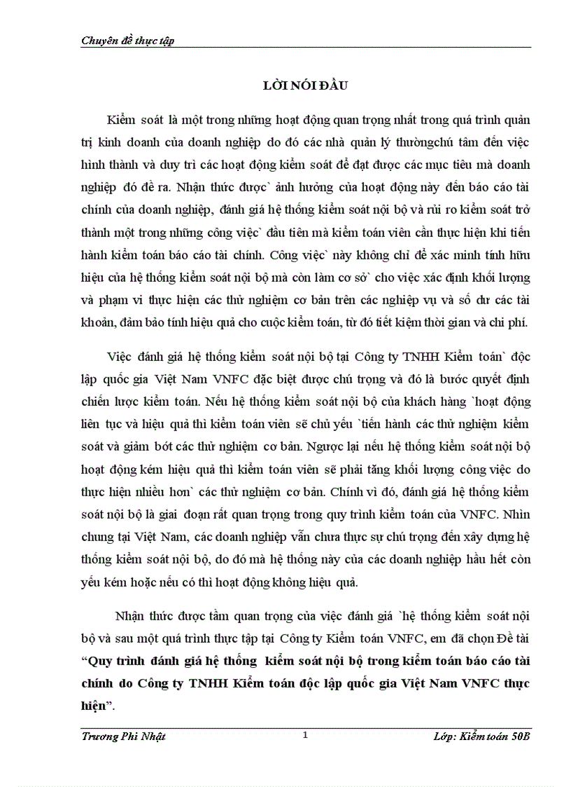 image for page Quy trình đánh giá hệ thống kiểm soát nội bộ trong kiểm toán báo cáo tài chính do Công ty TNHH Kiểm toán độc lập quốc gia Việt Nam VNFC thực hiện