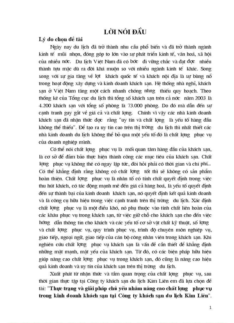 Thực trạng và giải pháp chủ yếu nhằm nâng cao chất lượng phục vụ trong kinh doanh khách sạn tại Công ty khách sạn du lịch Kim Liên 1