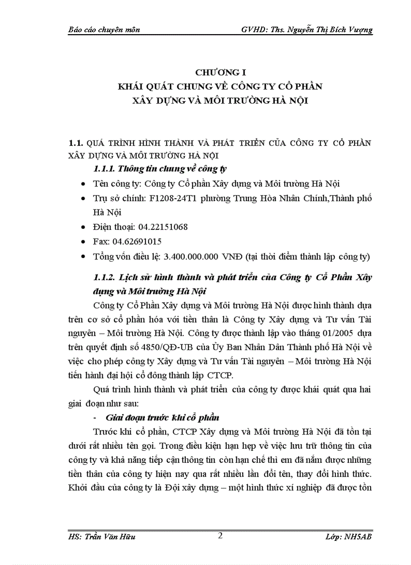 Khái quát hoạt động tài chính của công ty cổ phần xây dựng và môi trường HÀ NỘI