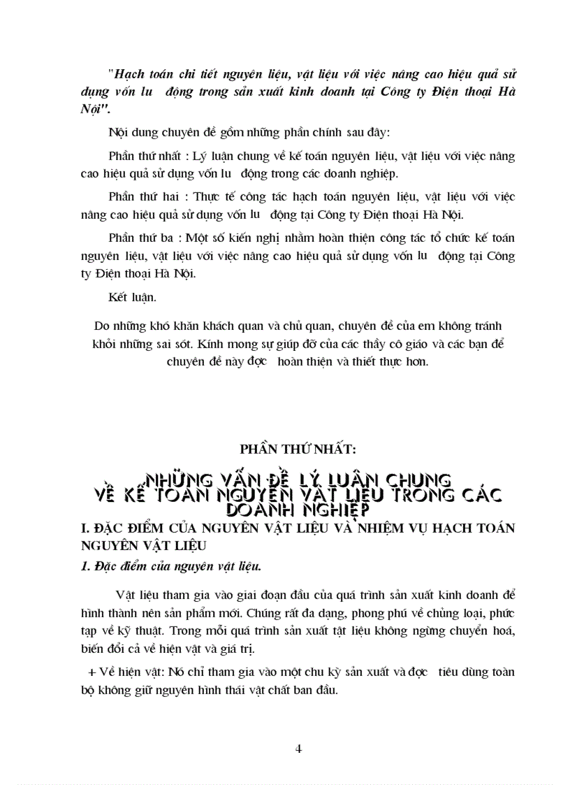 Hạch toán chi tiết nguyên liệu vật liệu với việc nâng cao hiệu quả sử dụng vốn lưu động trong sản xuất kinh doanh tại Công ty Điện thoại Hà Nội