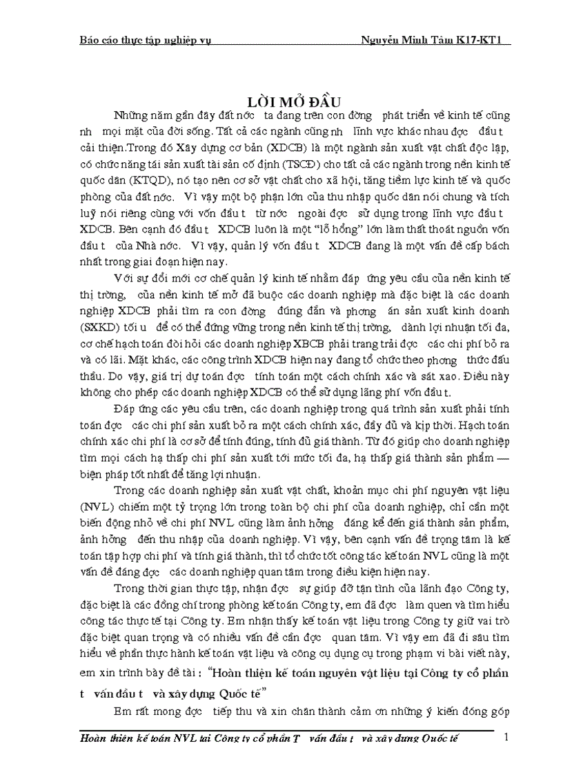 Kế toán nguyên vật liệu TạI CÔNG TY Cổ PHầN TƯ VấN ĐầU TƯ Và XÂY DựNG QuốC Tế
