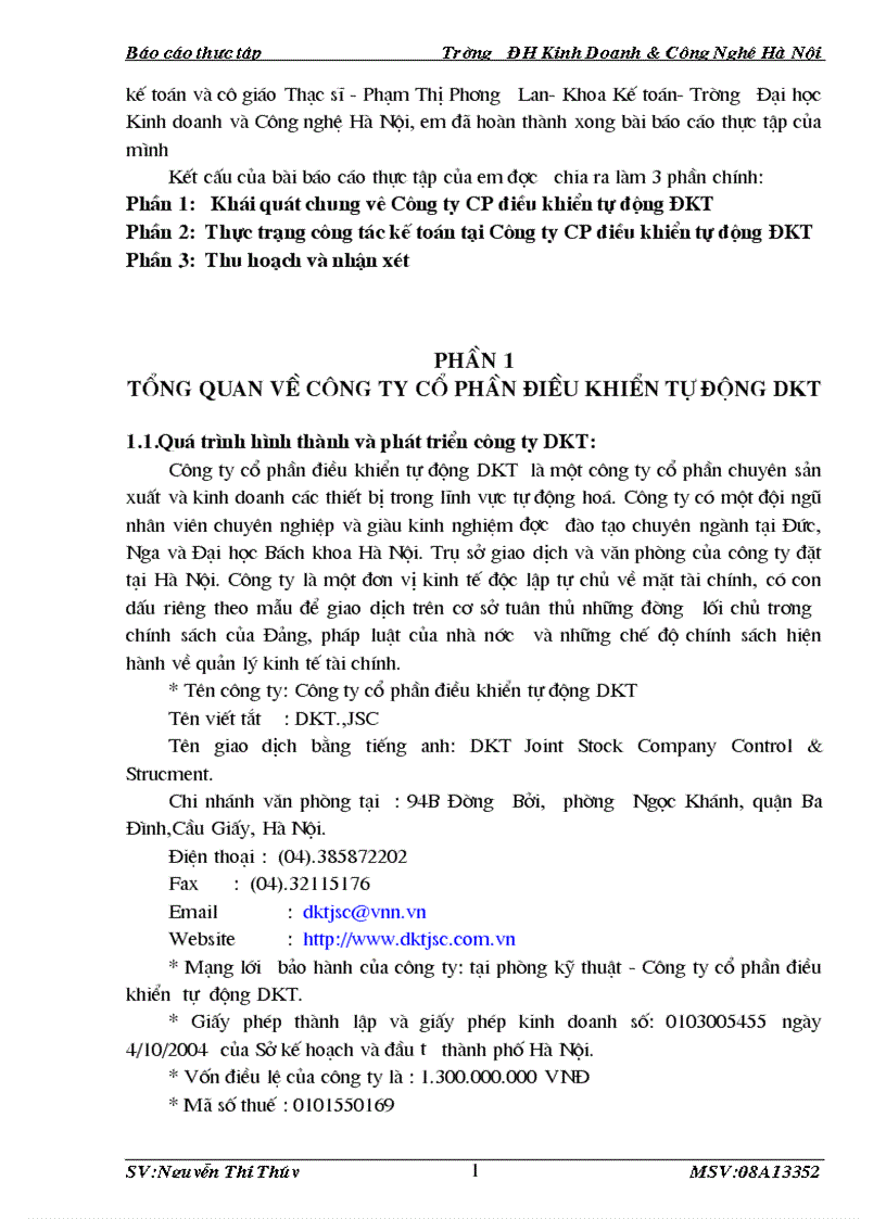 Thực trạng công tác kế toán tại công ty cổ phần điều khiển tự động dkt