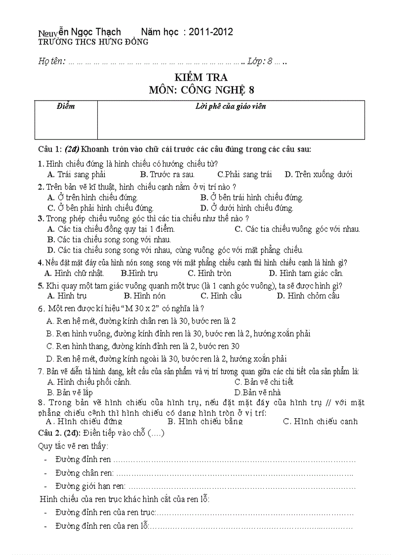 image for page Đề kiểm tra công nghệ 8 tiết 16