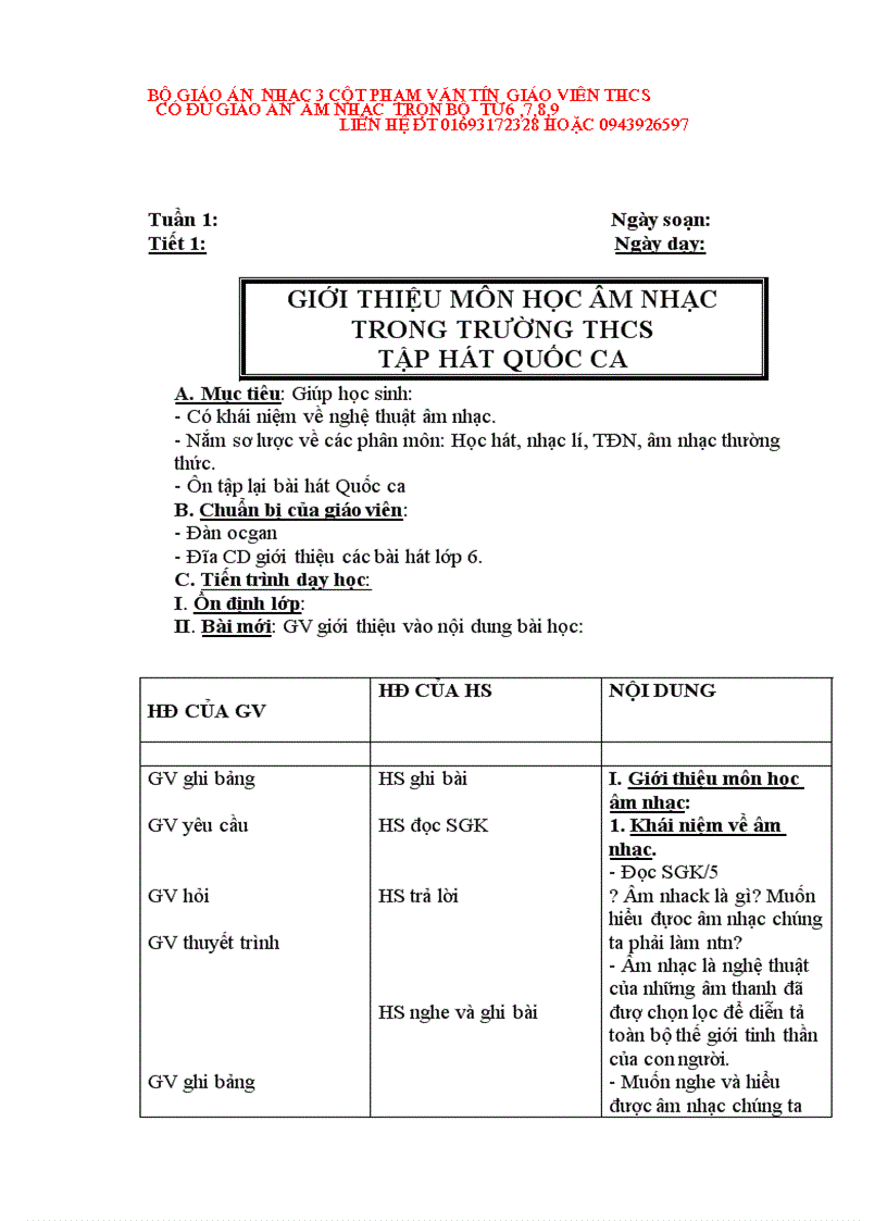 image for page Giáo án âm nhạc 6 cả năm 3 cột