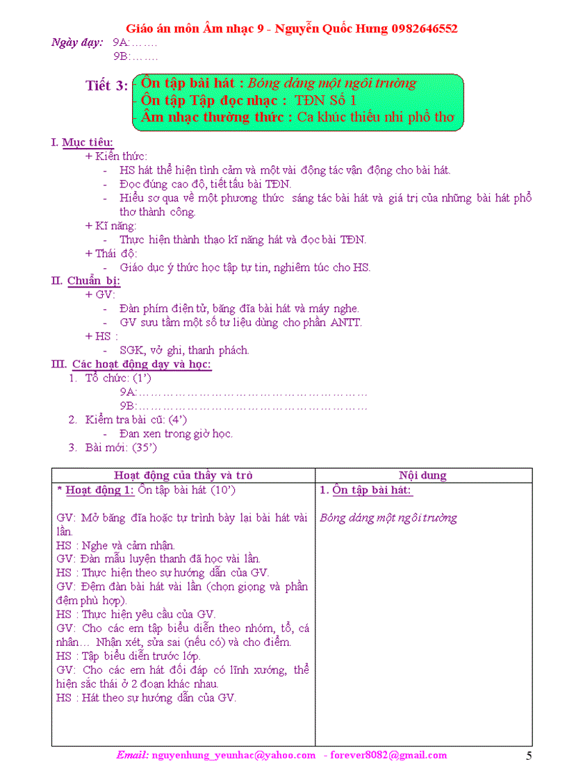 image for page Giáo án Âm nhạc 9 Hưng