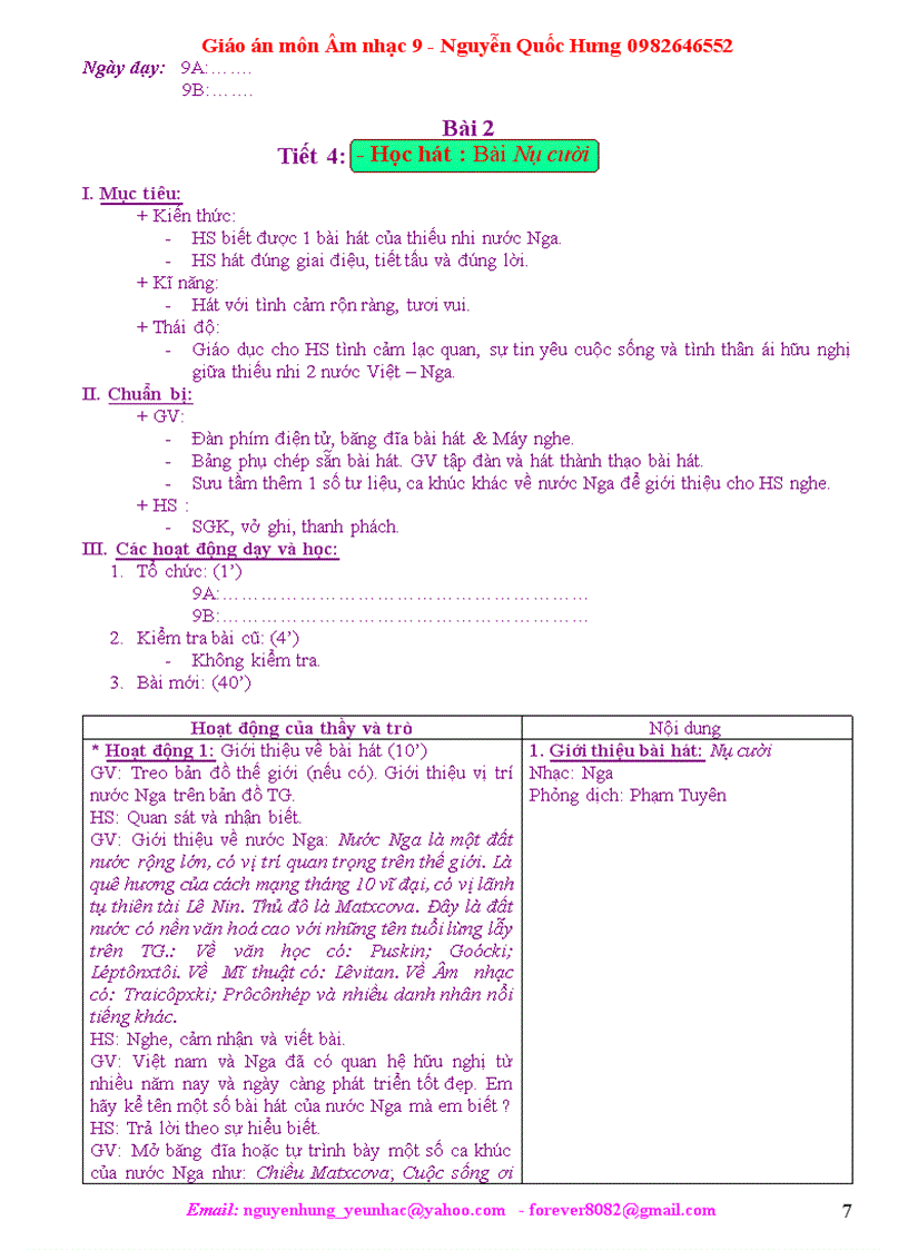 image for page Giáo án Âm nhạc 9 Hưng