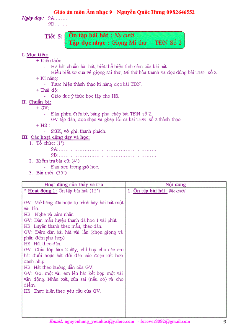 image for page Giáo án Âm nhạc 9 Hưng