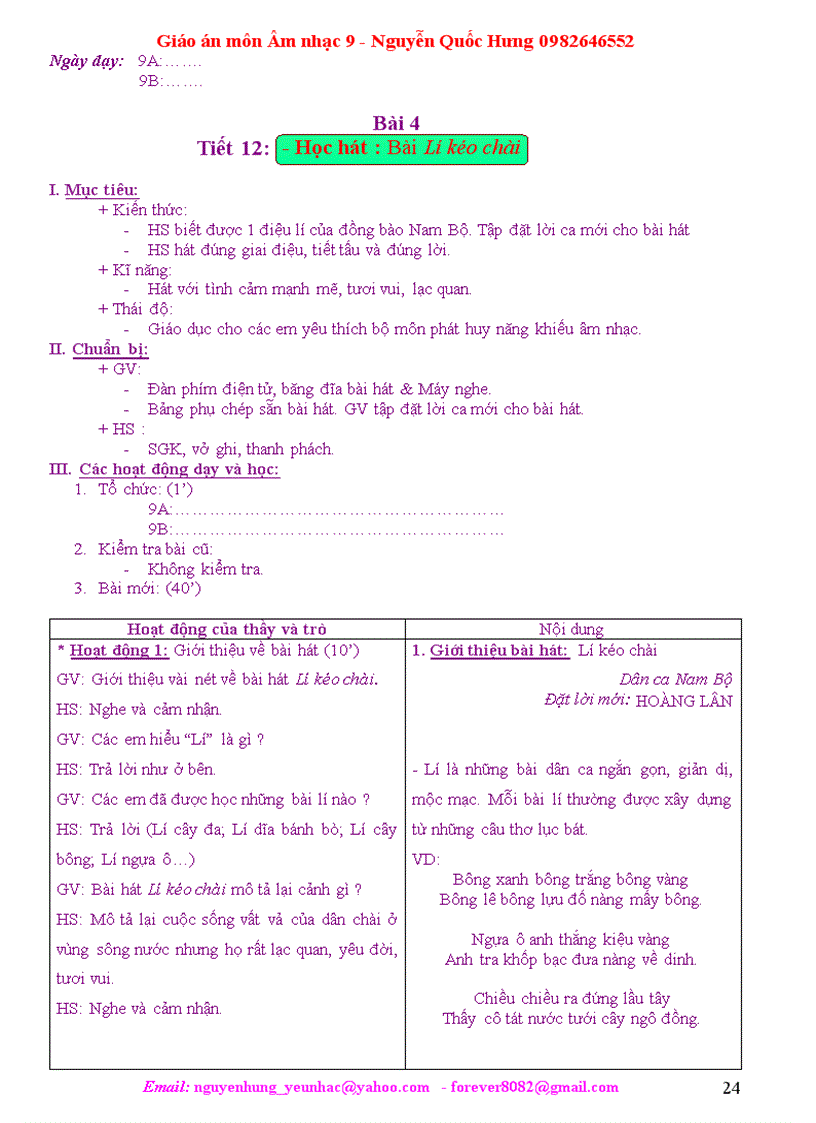 image for page Giáo án Âm nhạc 9 Hưng