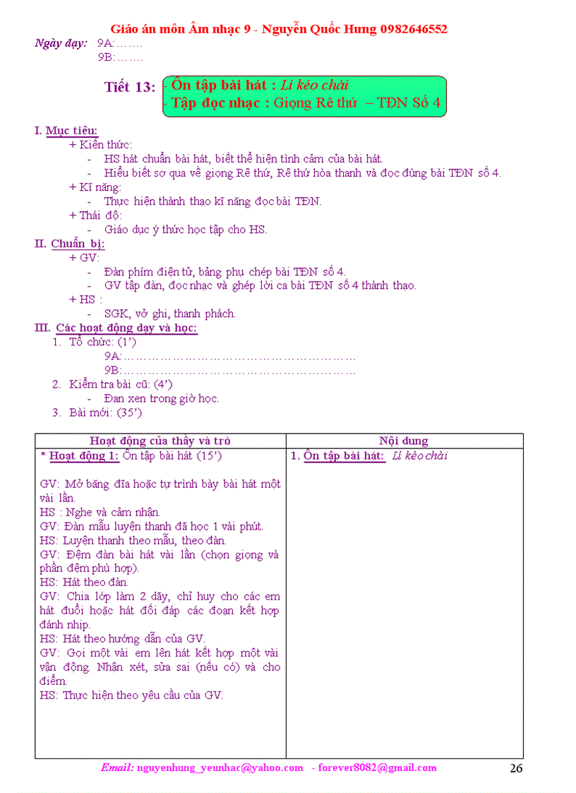 image for page Giáo án Âm nhạc 9 Hưng