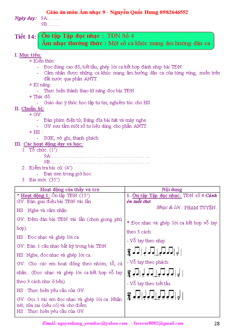 image for page Giáo án Âm nhạc 9 Hưng