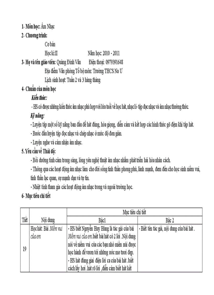 Kế hoạch dạy học môn âm nhạc 6 kì 2 chuẩn