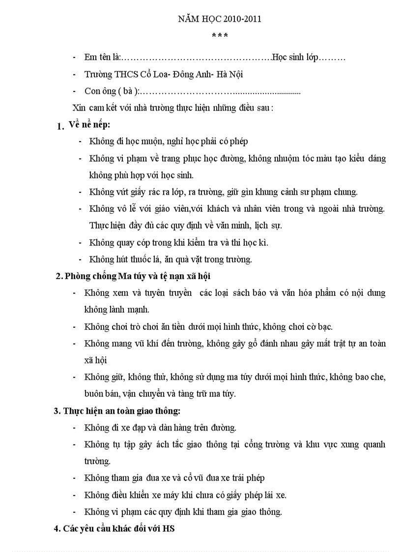 image for page Bản cam kết thực hiện nội quy của HS 1
