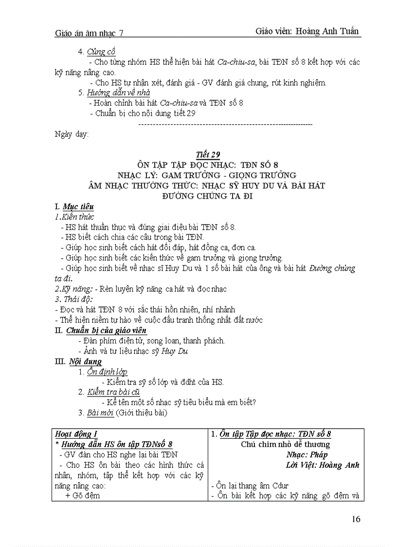 image for page Giáo án Âm nhạc 7 kỳ 2