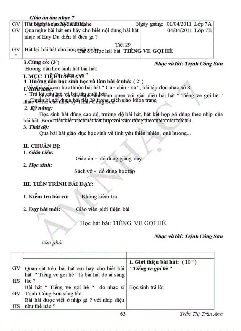 image for page Giáo án âm nhạc7 chuân kiên thức