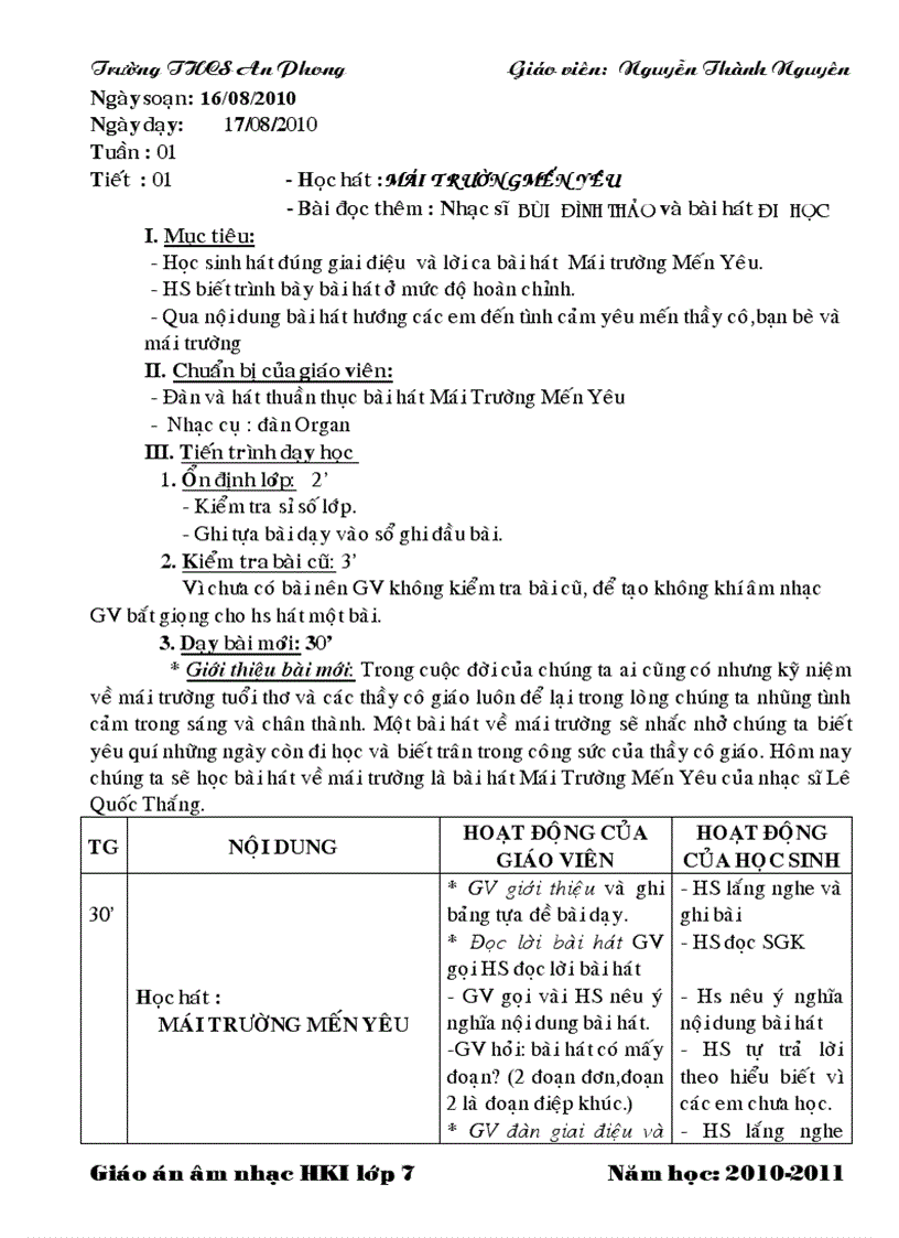 image for page Giáo án nhạc 4 cột lớp 7 HK I