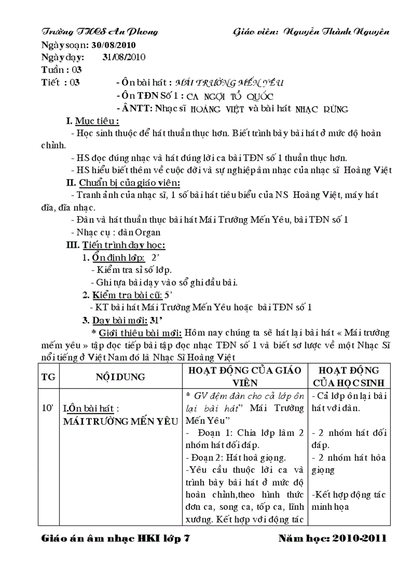 image for page Giáo án nhạc 4 cột lớp 7 HK I