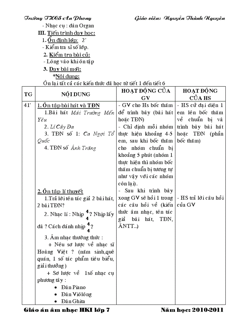 image for page Giáo án nhạc 4 cột lớp 7 HK I
