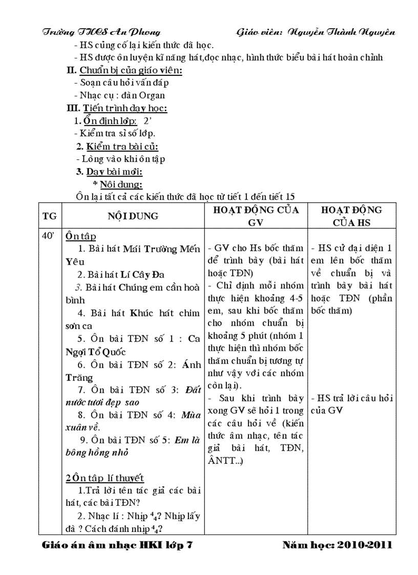 image for page Giáo án nhạc 4 cột lớp 7 HK I