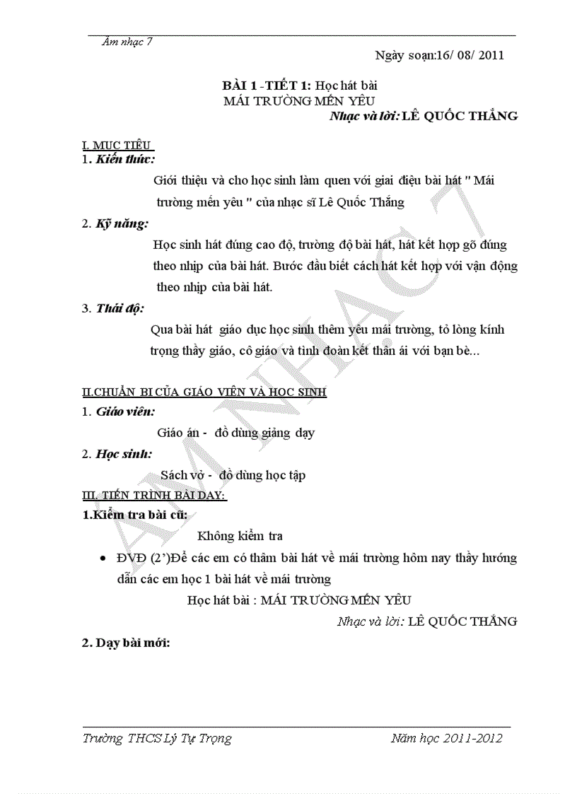 image for page Giáo án Nhạc 7 kì I