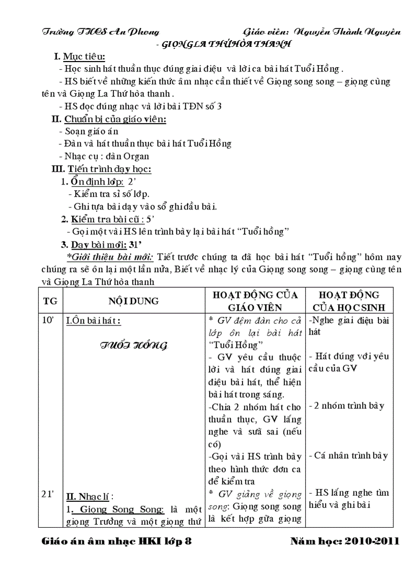 image for page Giáo án âm nhạc 4 cột HKI lớp8