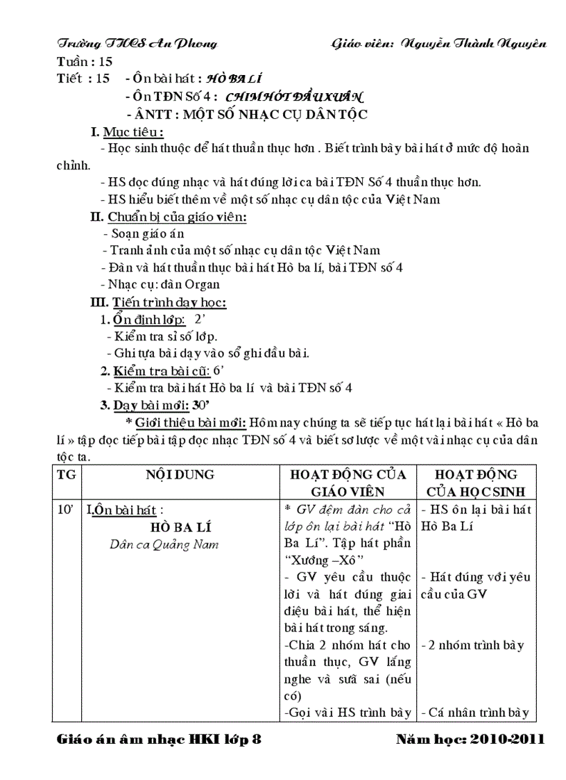 image for page Giáo án âm nhạc 4 cột HKI lớp8