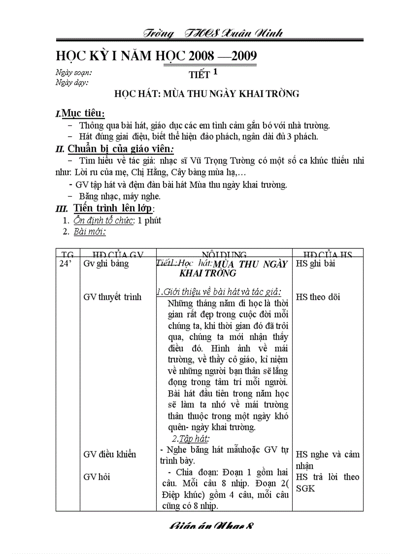 image for page Giáo án âm nhạc 8 kì 1