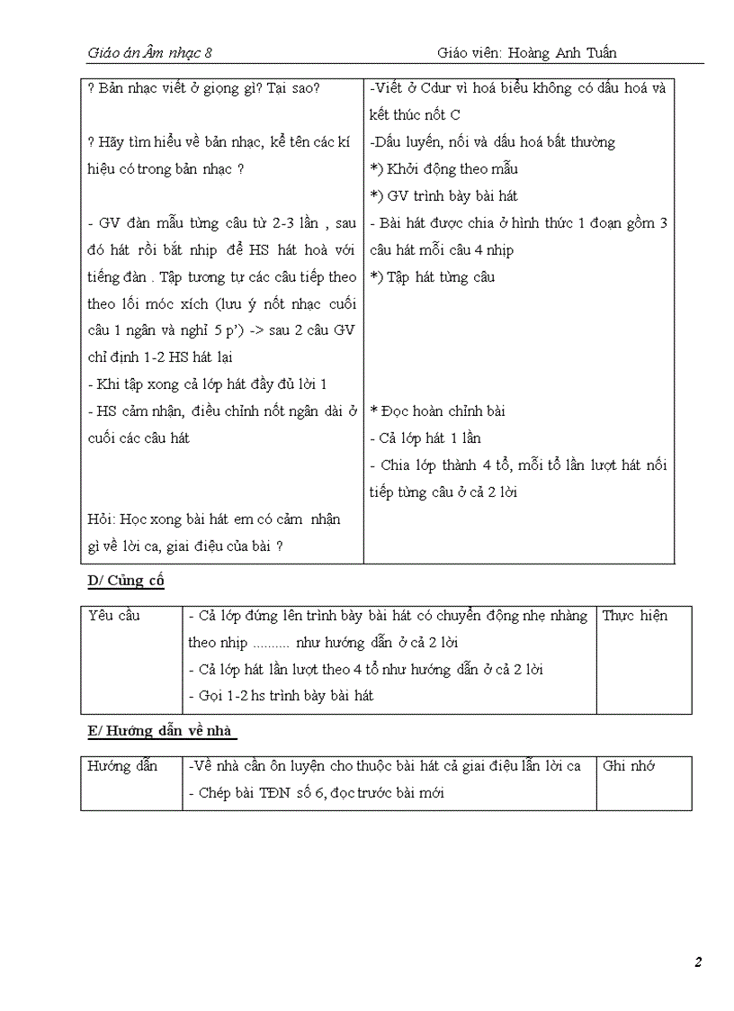 image for page Giáo án Âm nhạc 8 kỳ 2