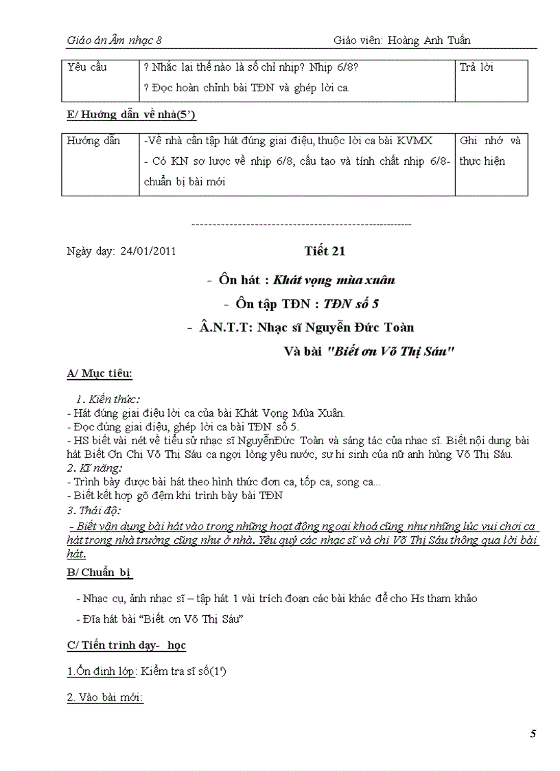 image for page Giáo án Âm nhạc 8 kỳ 2