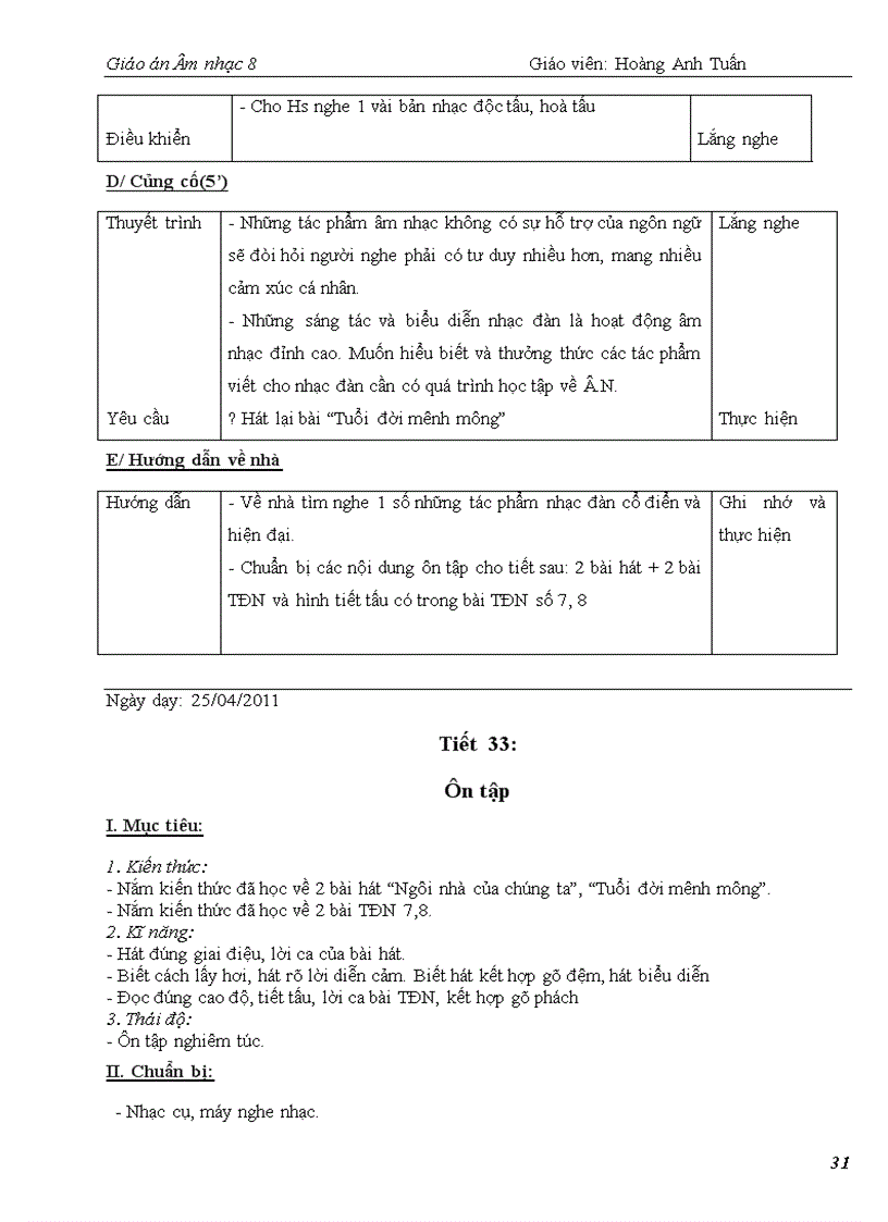 image for page Giáo án Âm nhạc 8 kỳ 2