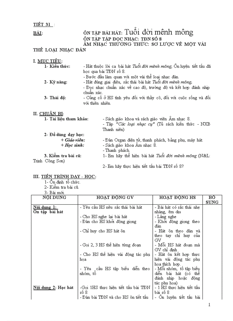 image for page Giáo án Âm Nhạc 8Học Kỳ 2 tiết 31 32