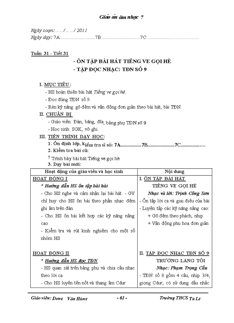 image for page Giáo án âm nhạc 7