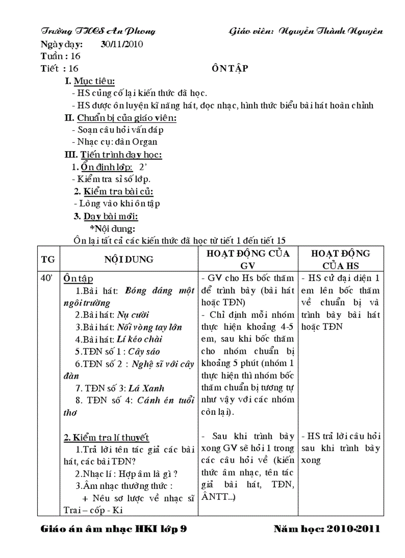 image for page Giáo án nhạc 4 cột lớp 9 HKI