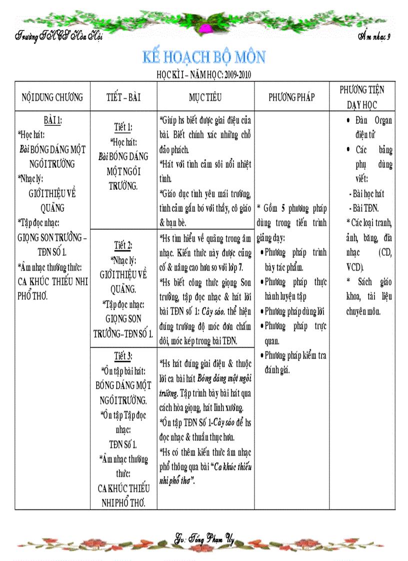 Kế hoạch bộ môn âm nhạc 9