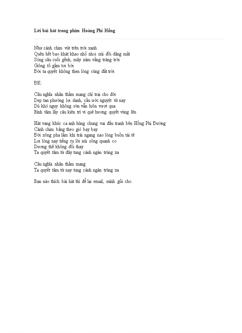 Lời Bai Hat Trong Phim Hoang Phi Hồng