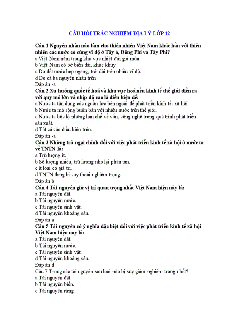 image for page Bo trac nghiem mon dia 12