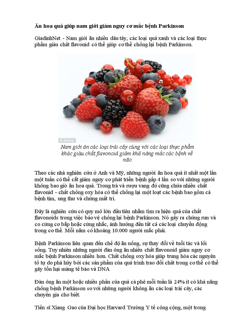 Ăn hoa quả giúp nam giới giảm nguy cơ mắc bệnh Parkinson