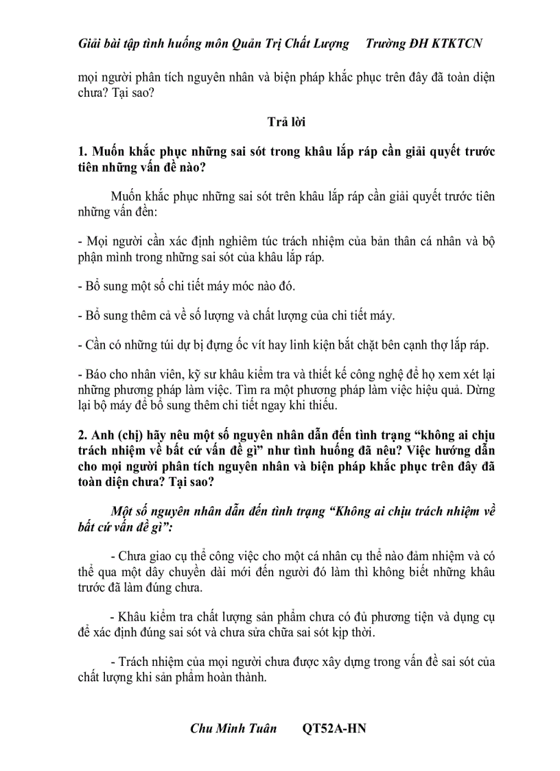 image for page Giải bài tập Tình Huống môn Quản Trị chất lượng