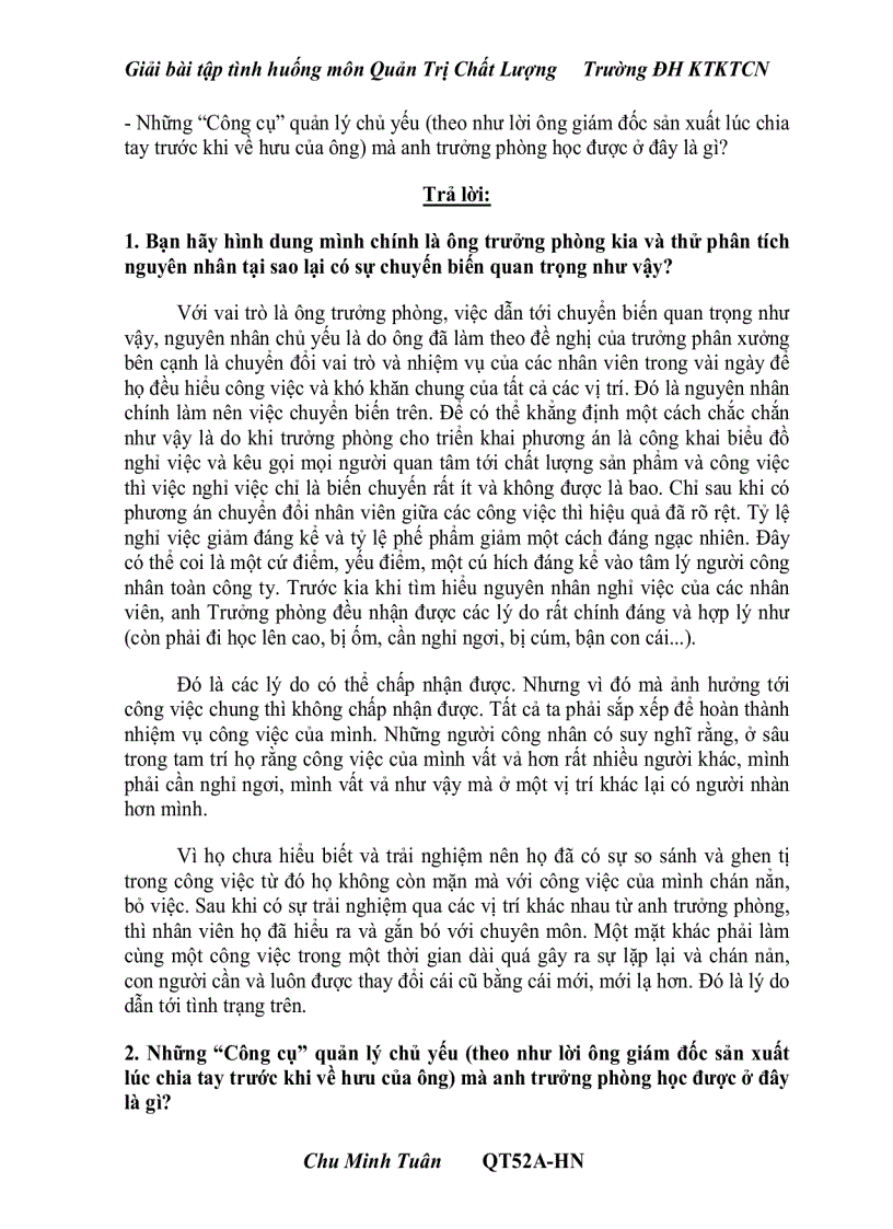 image for page Giải bài tập Tình Huống môn Quản Trị chất lượng