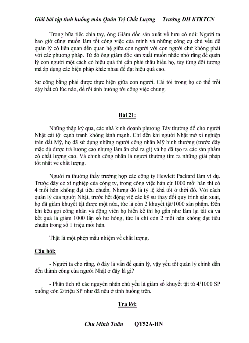 image for page Giải bài tập Tình Huống môn Quản Trị chất lượng