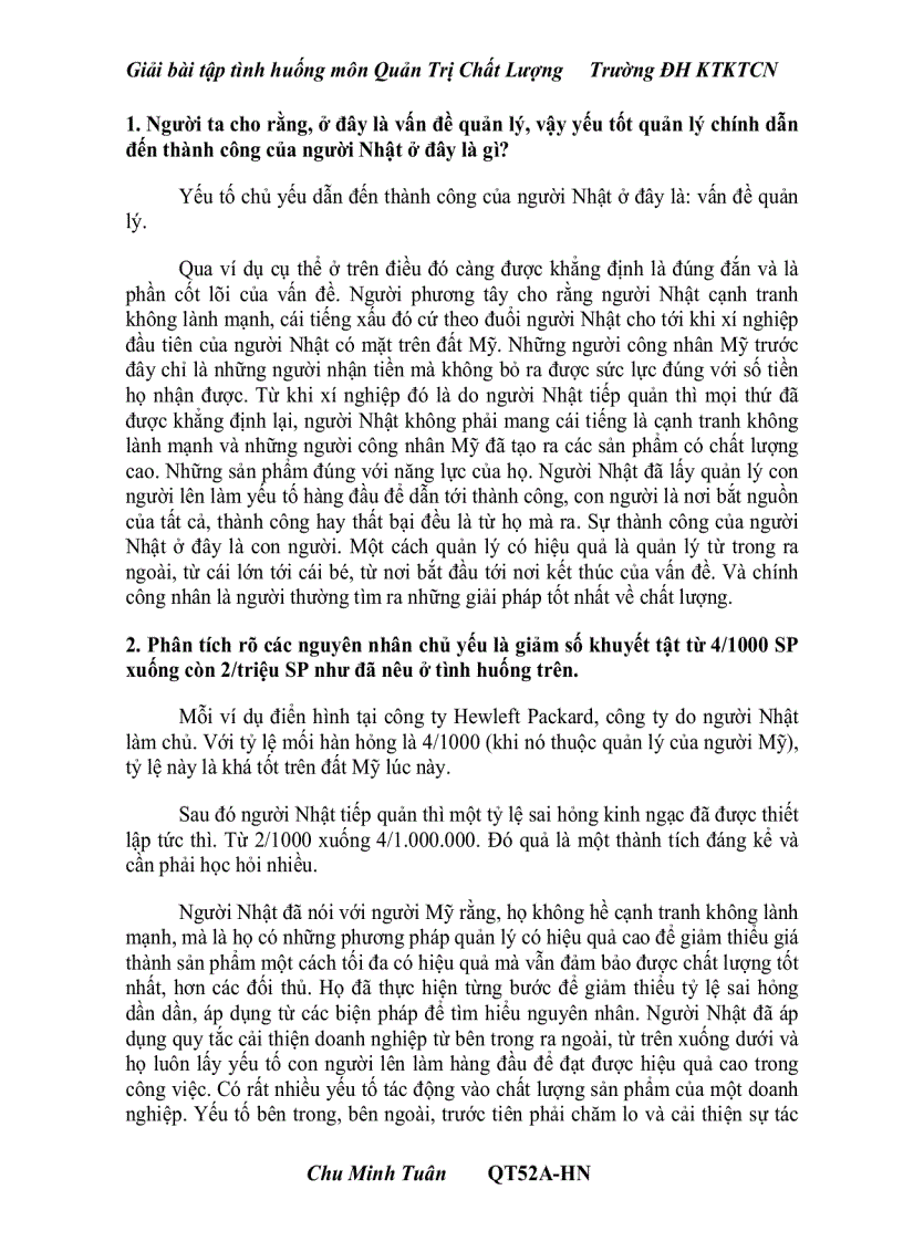 image for page Giải bài tập Tình Huống môn Quản Trị chất lượng