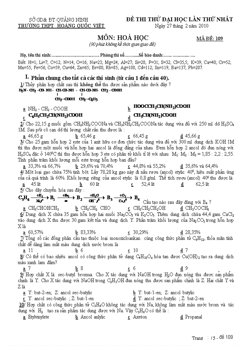 image for page Đề thi thử đại học môn Hóa học trường THPT Hoàng Quốc Việt Quảng Ninh năm 2010