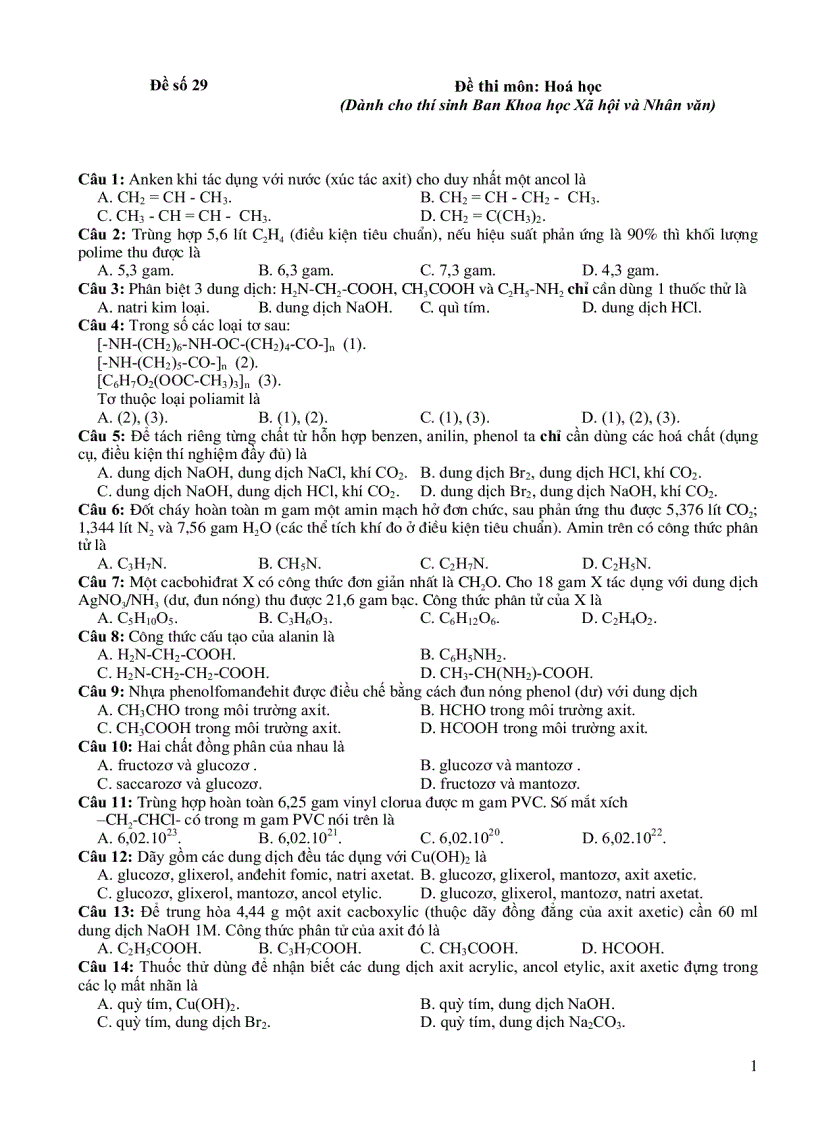 image for page Đề thi trắc nghiệm môn Hoá học 29