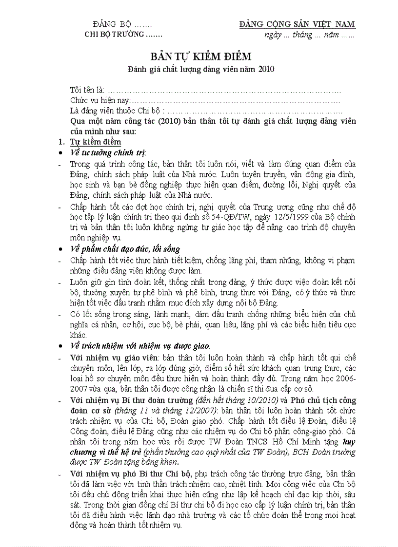 Bản Tự Kiểm điểm đanh Gia Chất Lượng đảng Vien