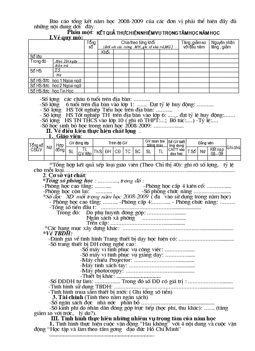 CV hướng dẫn công tác TĐKT và báo cáo tổng kết năm học 2008 2009