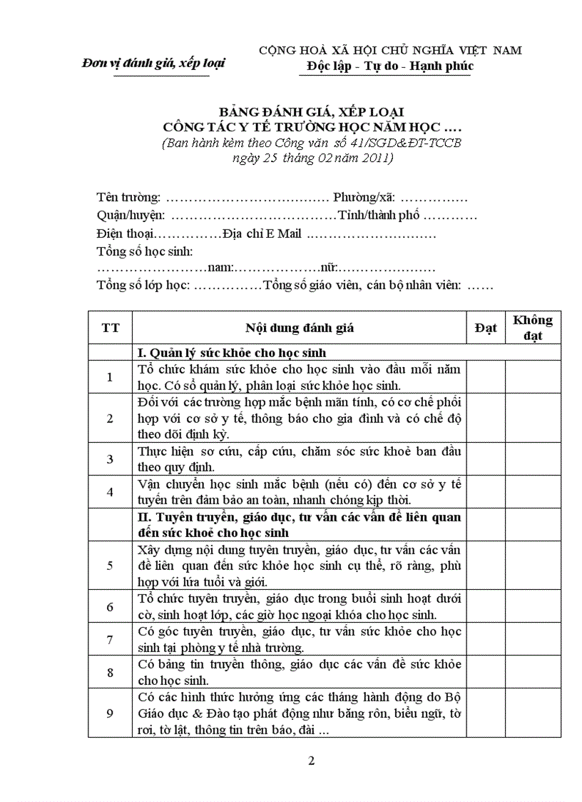 image for page Mẫu đánh giá xếp loại công tác Y tế
